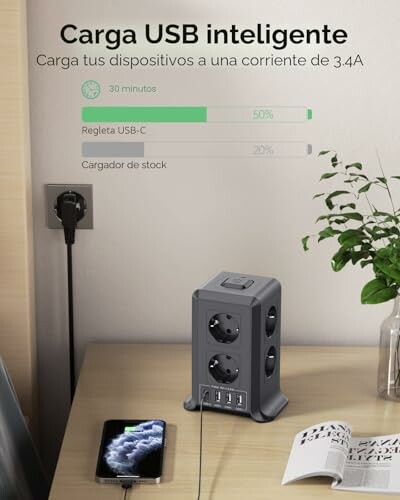 Estación de carga USB inteligente en una mesa.